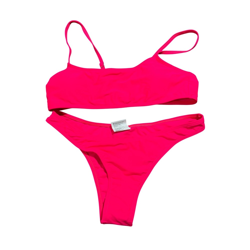 Neon Pink Two Piece Bikini Set Scoop Neck High Leg Cheeky Swimsuit vacation XS